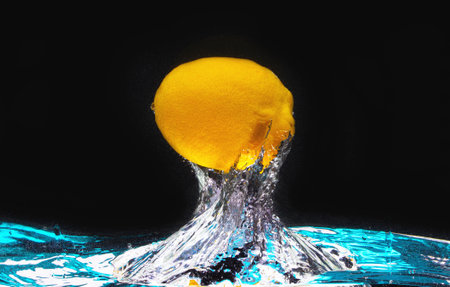 lemon with streams flies out of the waterの写真素材