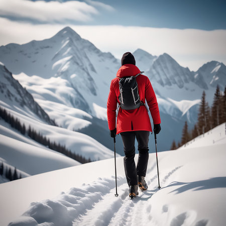 Man with backpack walking in the snow in the mountainsの素材