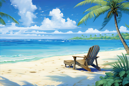 Palm-Fringed Tropical Haven. Serene Beach with Chaise Lounge for Ultimate Relaxation and Blissの素材