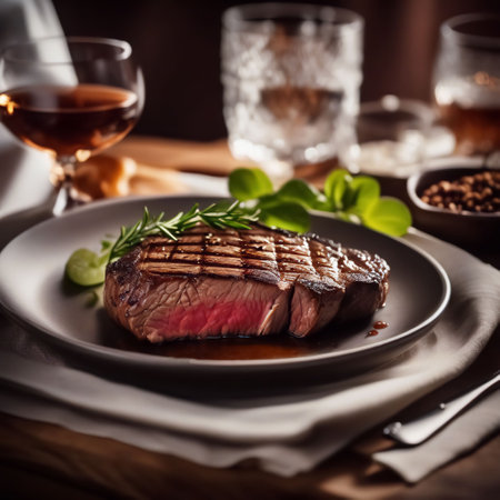 delicious grilled steak, garnished with herbs, served on a plateの素材