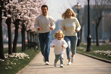 Happy family enjoying outdoor activities in the park together on a beautiful summer dayの素材