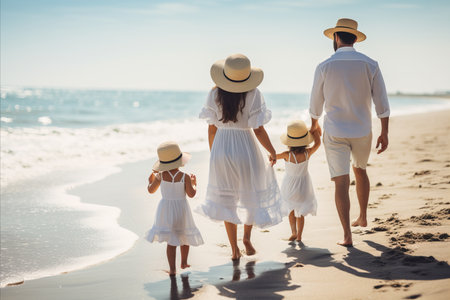 A family with children is walking and enjoying a sunny day by the sea.の素材