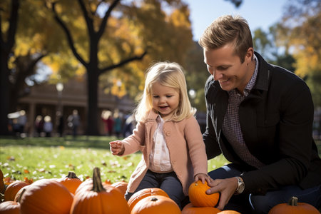 father shows little daughter pumpkin harvestの素材