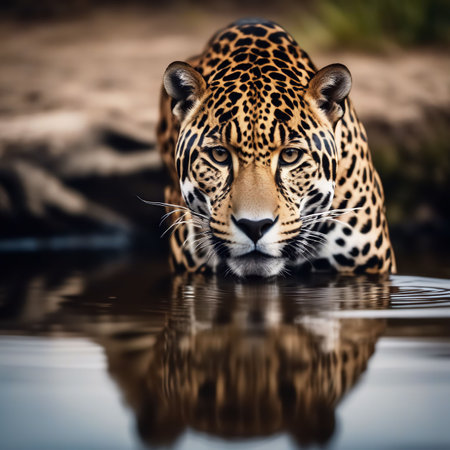 A beautiful adult jaguar enters the waterの素材