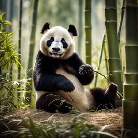 Panda sitting in a thicket of bambooの素材