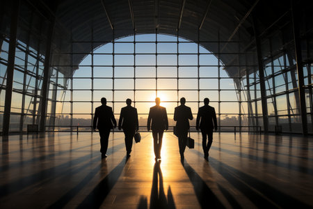 Group of Passengers Walking Through the Airport Terminal, Ready to Board Their Departing Flightsの素材