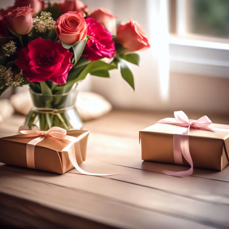 There is a box with a gift and a bouquet of beautiful flowers on the tableの素材