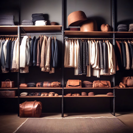 Clothes are neatly hanging on hangers in the closetの素材