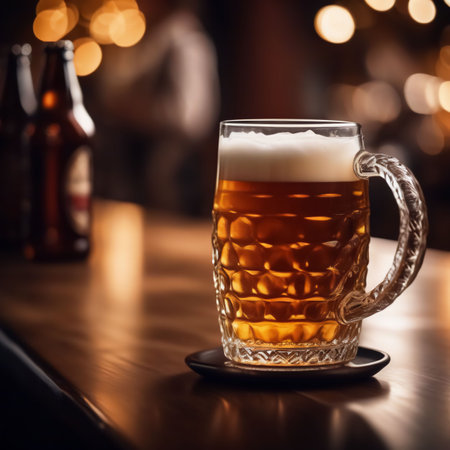Beer with foam is poured into a mug standing on the bar counterの素材