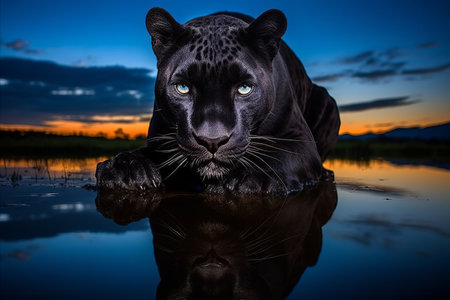 A panther lies by the water at duskの素材