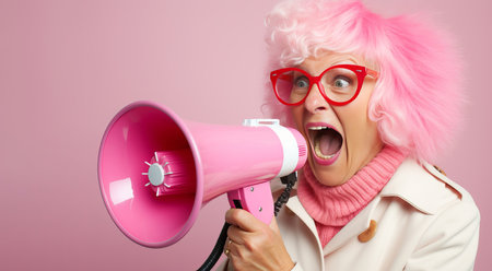 A woman with pink hair and glasses shouting into a megaphone close-upの素材