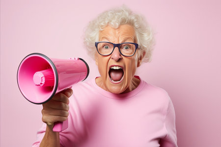 An elderly woman with gray hair and glasses shouting into a megaphone in close-upの素材