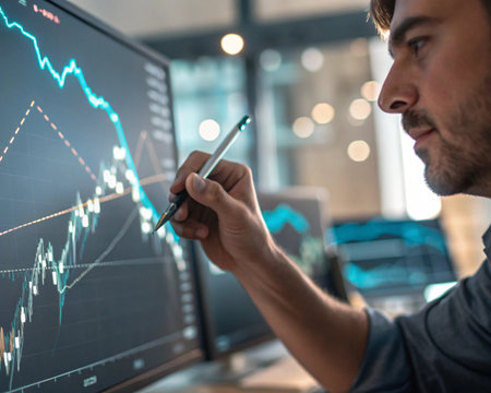A focused man uses a stylus to analyze a fluctuating stock market graph displayed on a computer monitor.の素材