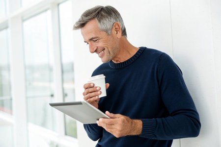 A happy man in his 50s holds a coffee cup and tablet, looking down with a smile.の素材