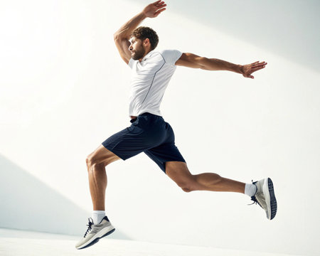 A man in athletic wear leaps dynamically against a bright white background, showcasing fitness and motion.の素材