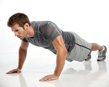 A focused man in athletic wear performs a push-up, demonstrating a common bodyweight exercise for fitness.の素材
