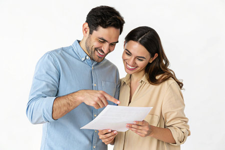 A smiling man and woman look at a document, pointing and discussing it with joy.の素材
