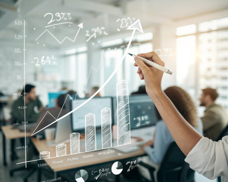 A person draws on a transparent screen displaying financial charts and data, with colleagues working in the background.の素材