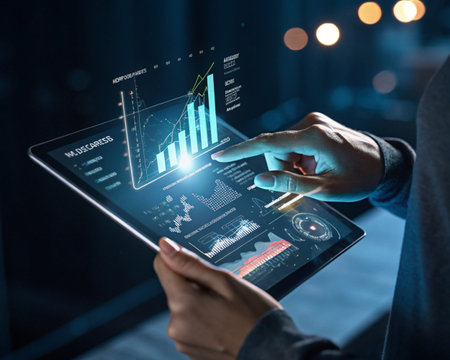 A person uses a tablet to interact with a glowing holographic interface displaying financial graphs and data.の素材