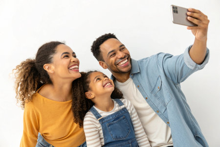 A smiling multiracial family, including parents and a young daughter, takes a selfie, sharing a moment of joy.の素材