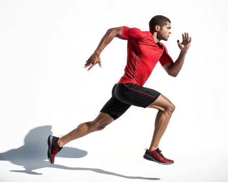 A fit Black man in athletic wear sprints forward, captured in motion against a clean white background with dramatic shadows.の素材