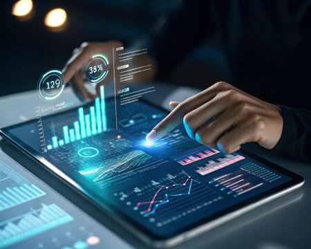 Close-up of hands interacting with a futuristic tablet displaying glowing charts, graphs, and data visualizations.の素材