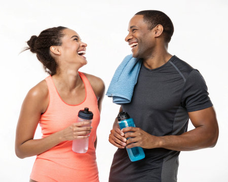 A happy African American man and a woman in athletic wear sharing a laugh after exercising, holding water bottles.の素材