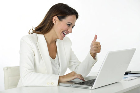 A happy woman in a white blazer gives a thumbs up while typing on a laptop, indicating success or approval.の素材