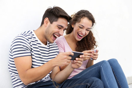A happy young couple shares a moment of laughter and amusement while looking at a smartphone together.の素材