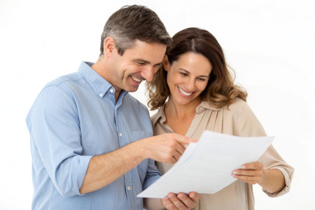 A smiling couple, a man and a woman, are looking at and discussing a document.の素材