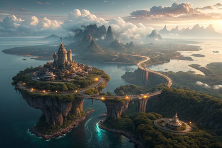 A breathtaking aerial view of a fantasy realm with islands connected by illuminated bridges and majestic architecture.の素材
