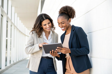 Two professional women of diverse backgrounds happily share information on a tablet device outside a contemporary building.の素材