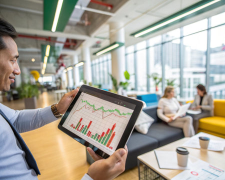 A man in a suit holds a tablet displaying financial data. Colleagues are visible in the blurred background of a bright office.の素材
