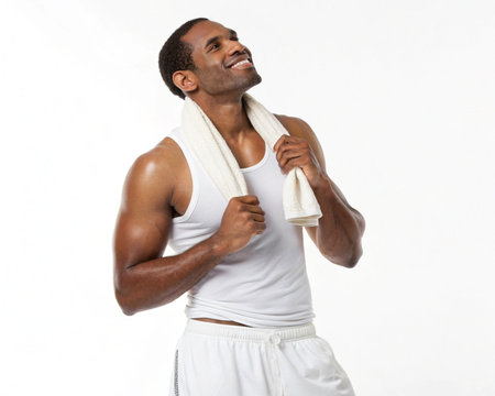 A fit Black man in workout attire, wearing a white tank top and shorts, with a towel around his neck, smiles upwards.の素材