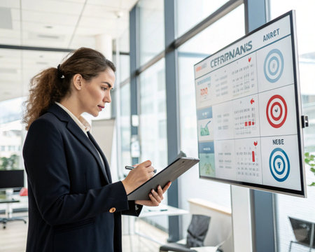 A focused businesswoman reviews charts and data on a large screen, holding a tablet and stylus.の素材