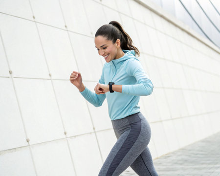 A smiling woman in a light blue hoodie and grey leggings checks her smartwatch while running outdoors.の素材