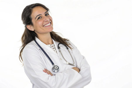 A happy female doctor in a white coat with a stethoscope around her neck stands with her arms crossed.の素材