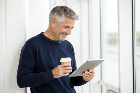 A happy, middle-aged man with graying hair holds a coffee cup and tablet while looking at the screen.の素材