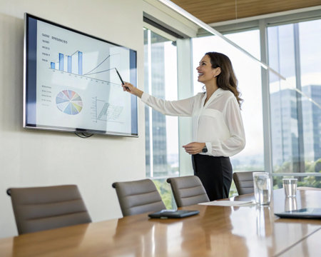 A woman in a white shirt and black pants confidently points at a financial chart displayed on a large screen in a boardroom.の素材