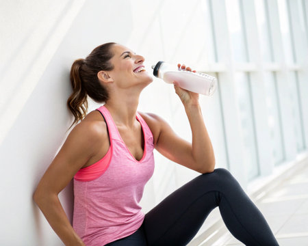 A happy woman in workout clothes sits and drinks water from a bottle, looking refreshed and satisfied.の素材