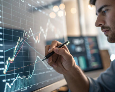 A man intently studies financial charts and graphs displayed on a computer monitor, using a stylus for analysis.の素材