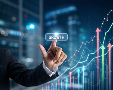 A hand in a suit presses a 'Growth' button, with a glowing stock market graph rising in the background.の素材