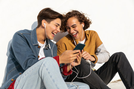 A diverse pair of young people are joyfully sharing a moment, looking at a phone and listening to music together.の素材
