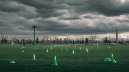 A vivid soccer training field filled with bright green cones beneath a strikingly cloudy sky, perfect for youth practices and athletic coaching scenarios.の素材