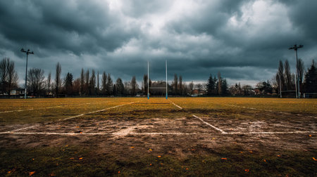 An empty rugby field under dramatic stormy skies presents an intense atmosphere. The muddy ground signifies the anticipation of a challenging match.の素材