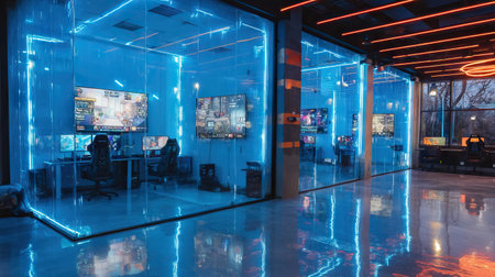 Explore a vibrant gaming lounge adorned with neon lighting and equipped with multiple screens, showcasing the latest in gaming technology and a social atmosphere.の素材