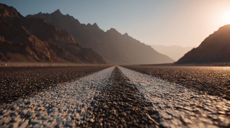 A stunning view of an empty road stretching beneath majestic mountain peaks, illuminated by warm golden hour light, perfect for representing adventure or travel themes.の素材