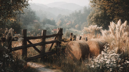 A tranquil scene of a rustic fence beside golden hay bales and blooming wildflowers. This serene landscape captures the harmony of nature in early morning light.の素材