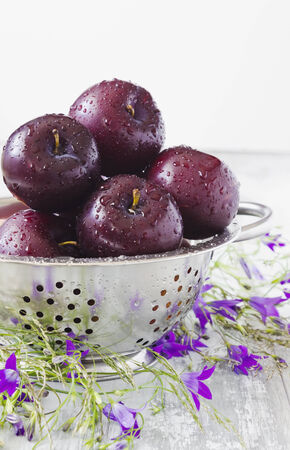 ripe plums in a colander closeup and wild flowers on the table.health and diet food.selective focusの写真素材