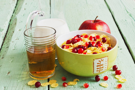 healthy vitamin breakfast of fruit, juice and milk for children.  children food concept